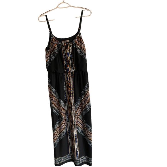 Bailey Blue Maxi Dress L Tribal Geometric Print Black Boho Fall Style - Picture 4 of 7